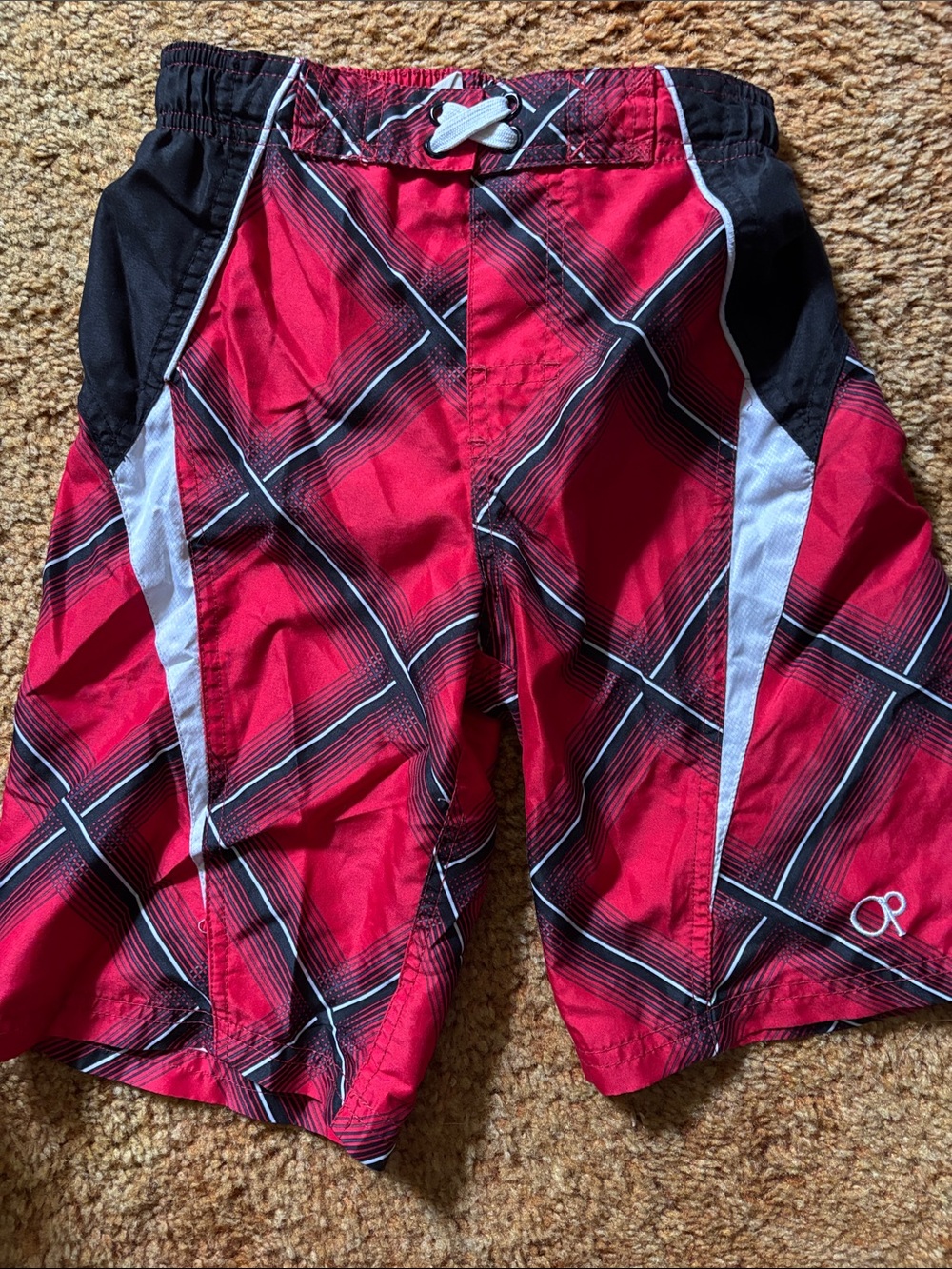 OP Boys Red Black White Plaid Swim Trunks